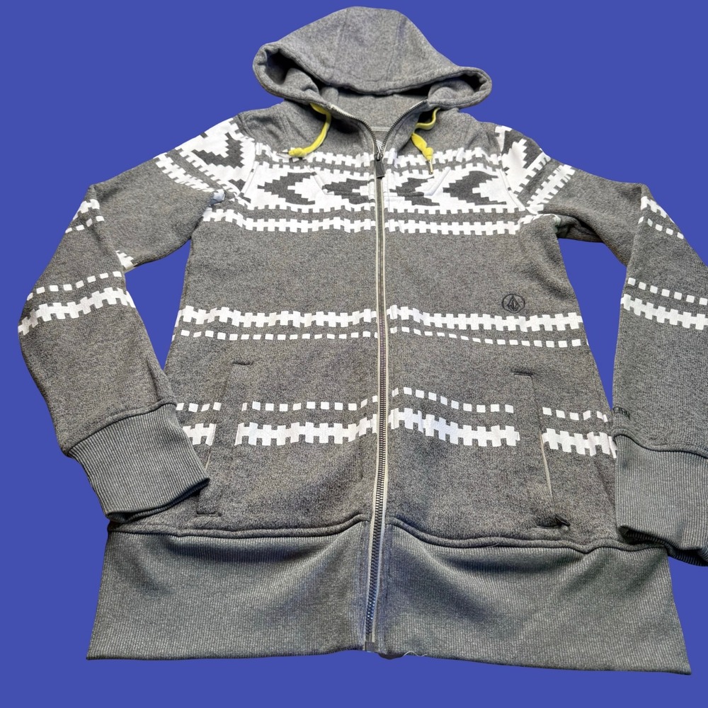 Volcom Womens Full Zip Hoodie Medium Gray White Geometric Fleece Skater